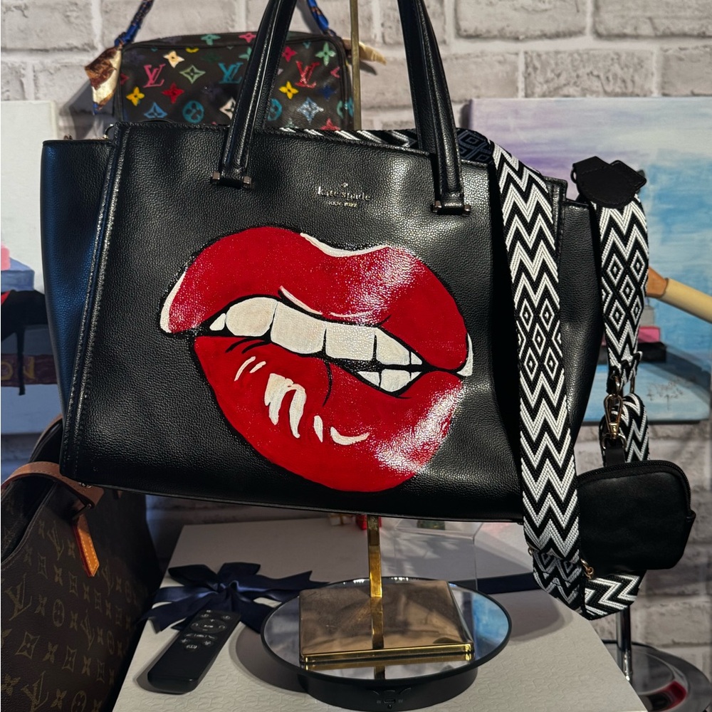 Kate Spade Tote Crossbody custom hand painted rockstar lips a Upcycled Designer